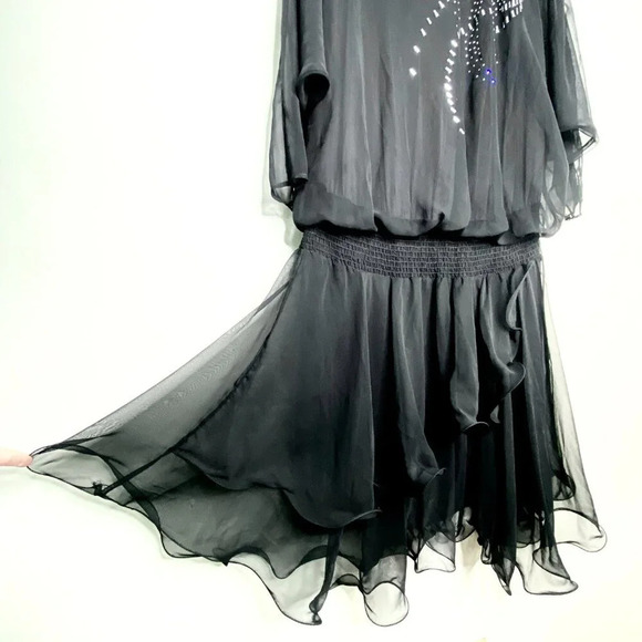 Vintage 80's Spencer Alexis Black Dress 16 Rhinestone Embellished Sheer Sleeve - Picture 5 of 7